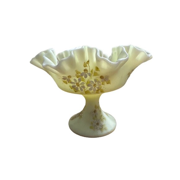 Vintage Fenton Custard Glass Ruffled Edge Hand Painted Floral Pedestal Bowl Sign - Picture 1 of 5